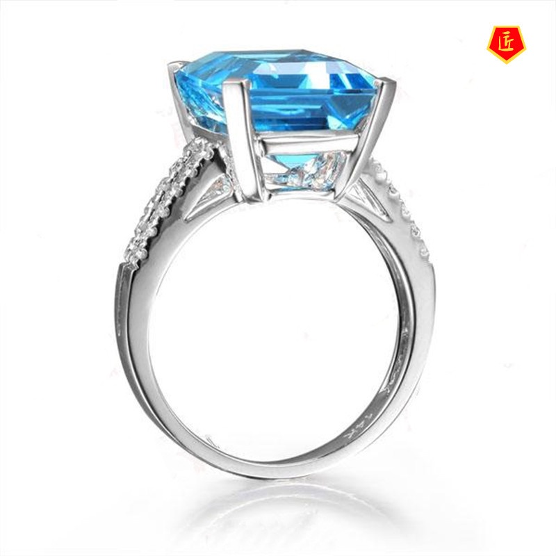 [Ready Stock]18K Topaz Square Aquamarine Ring Elegant and Fashionable