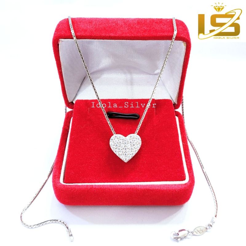 KALUNG PERAK ASLI SILVER WANITA 925 LAPIS EMAS PUTIH MODEL LIONTIN LOVE LANGSUNG PERMATA FULL - PERHIASAN PERAK WANITA