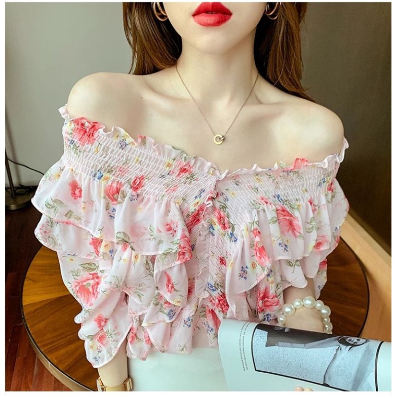 MDLV ~ 2433 Angelica Smocked Top Atasan Sabrina Flower Import Korea Look Fashion import