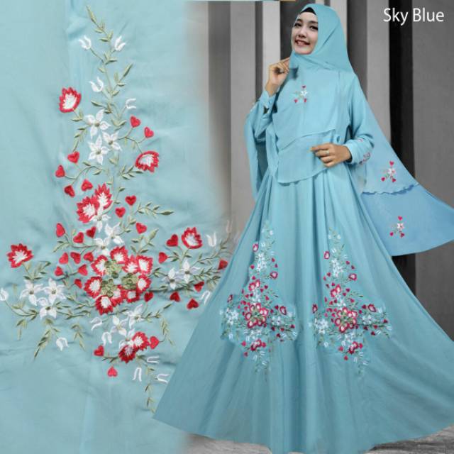 Baju Muslimah Longdress Gamis Maxi Ceruty Bordir Cantik Bagus Adem Jumbo Bigsize Syar'i Set Jilbab