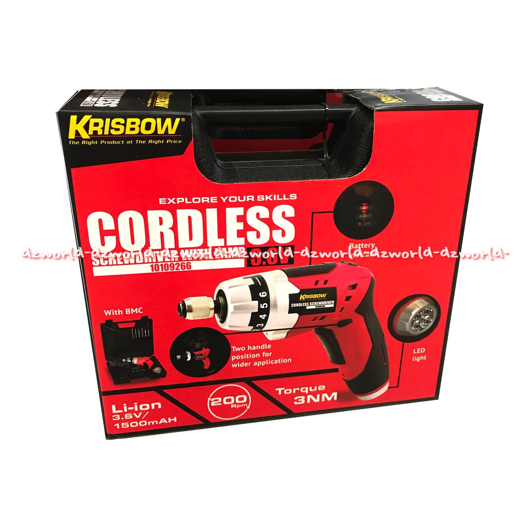 Krisbow Cordless Screwdriver 200Rpm Bor Tanpa Kabel dengan lampu LED