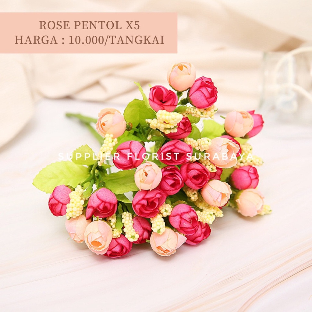 BUNGA ROSE PENTOL 1 TANGKAI BERCABANG 5, 1 CABANG ISI 3 KEPALA, TOTAL 15 KEPALA ARTIFICIAL FLOWER ARTIFISIAL FLOWER BUNGA PALSU PEMANIS BUKET BUNGA