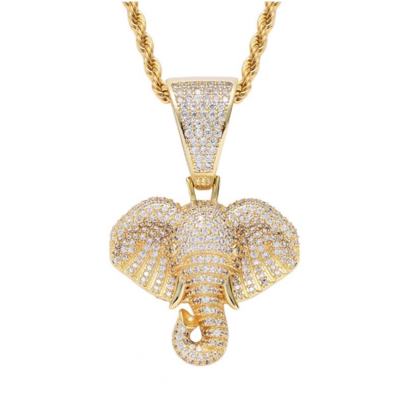 Kalung Desain Kepala Gajah Aksen Zirkon Gaya Hip Hop