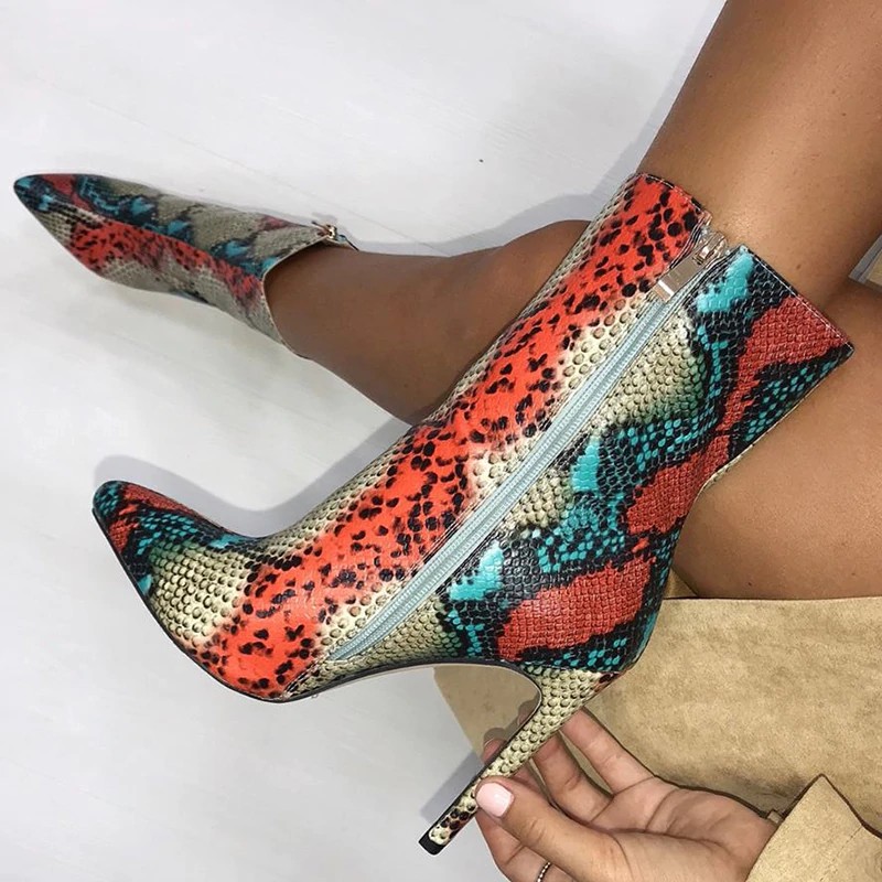 sepatu 2019 New Women 11.5cm High Heels Boots Fetish Pointed Toe Boots Serpentine Zip Ankle Boots
