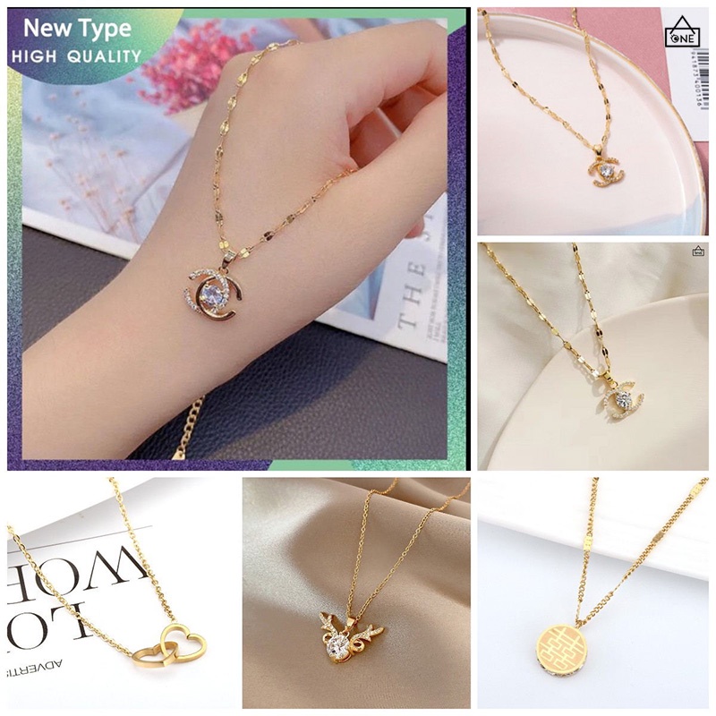 COD❤️Kalung Titanium Wanita Anti karat Lapis Emas 18k Berlian Perhiasan Baja Ganda C Huruf Kalung Berlian Sederhana Serbaguna Rantai Klavikula Indah-A.one