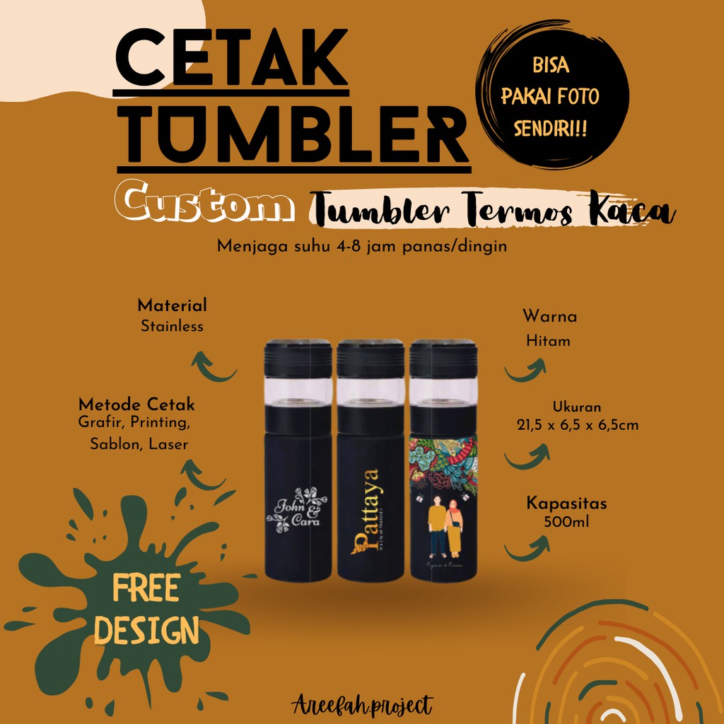 Tumbler Custom TUMBLER TERMOS  LED KACA 500ml Cetak Grafir/Laser/UV Print + Custom Nama/Logo/Foto