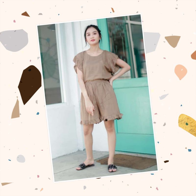 One set ruffle baju tidur setelan celana pendek jumbo