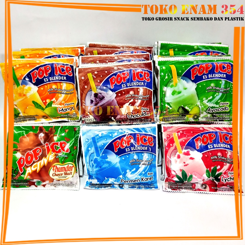 

Pop Ice Blender Minuman Serbuk Aneka Rasa 1 Renceng Isi 10 Pcs x 23 Gram