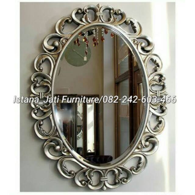 Figura kaca oval silver/cermin oval ukir gold/meja tamu/kursi makan/kursi sofa stool garengan/nakas