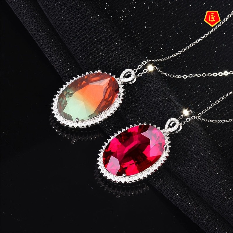 [Ready Stock]Colored Gems Watermelon Tourmaline Pendant Luxury Ruby Necklace for Women