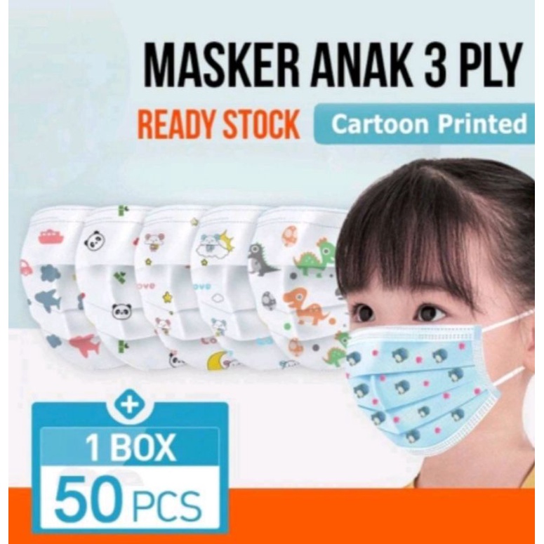 Masker Anak 3 Ply karakter Motif Earloop isi 50 Pcs/Box.!!! FREE BOX