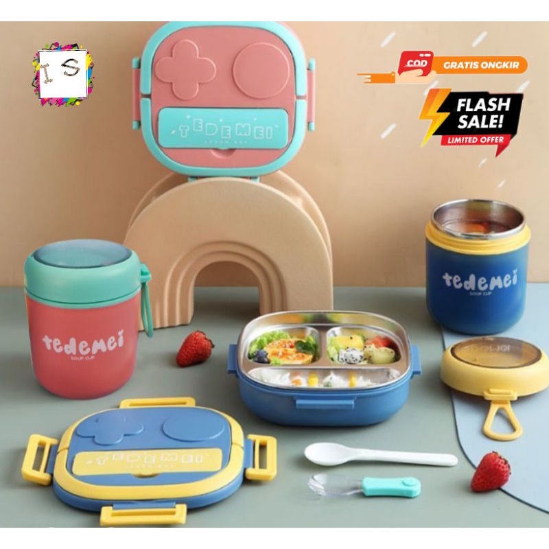 Kotak Makan STAINLESS STEEL 3 SEKAT Free Sticker + Box TEDEMEI Lunch Box PREMIUM