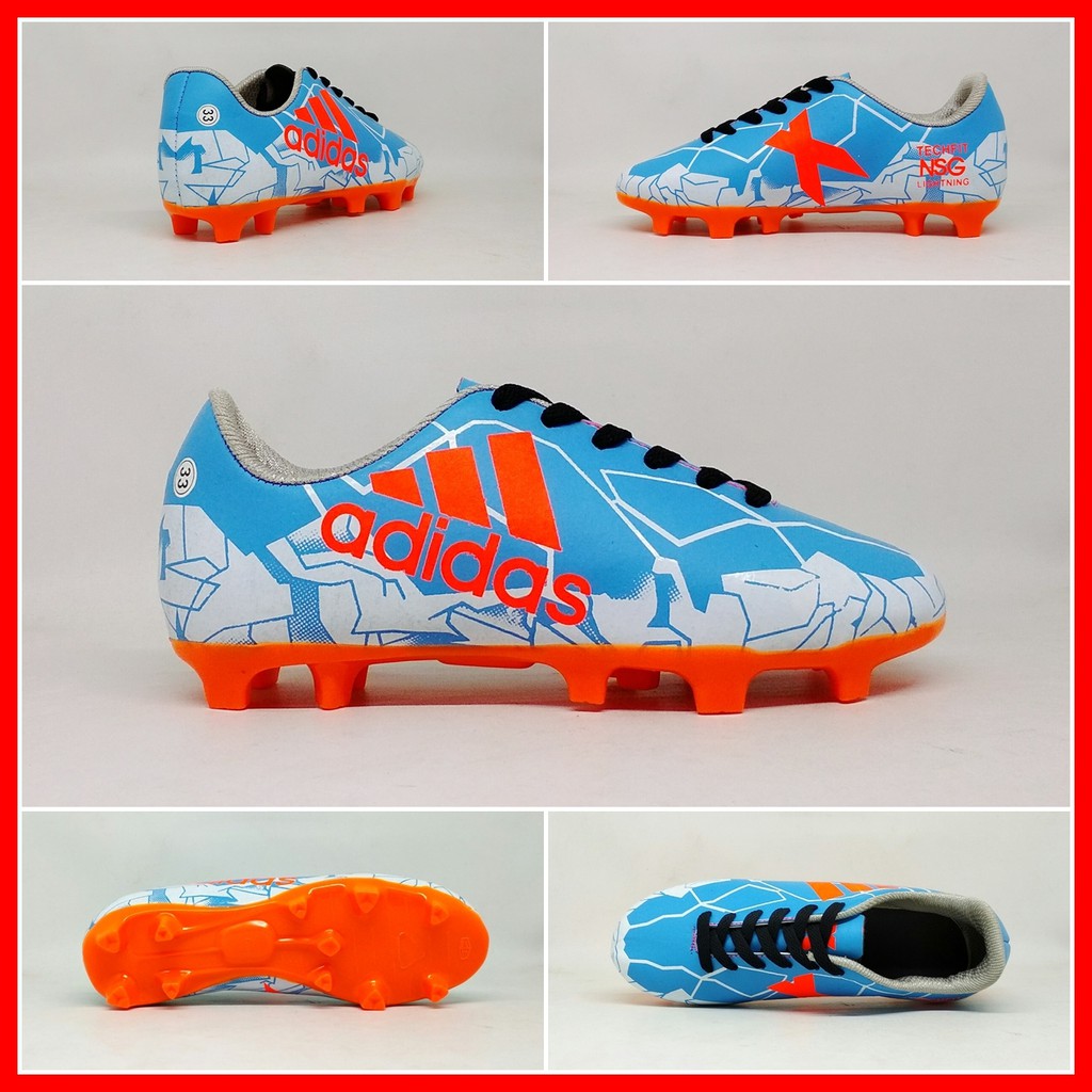 Sepatu Sepak Bola Anak Adidas X Techfit Biru Biru Muda List Orange Kids