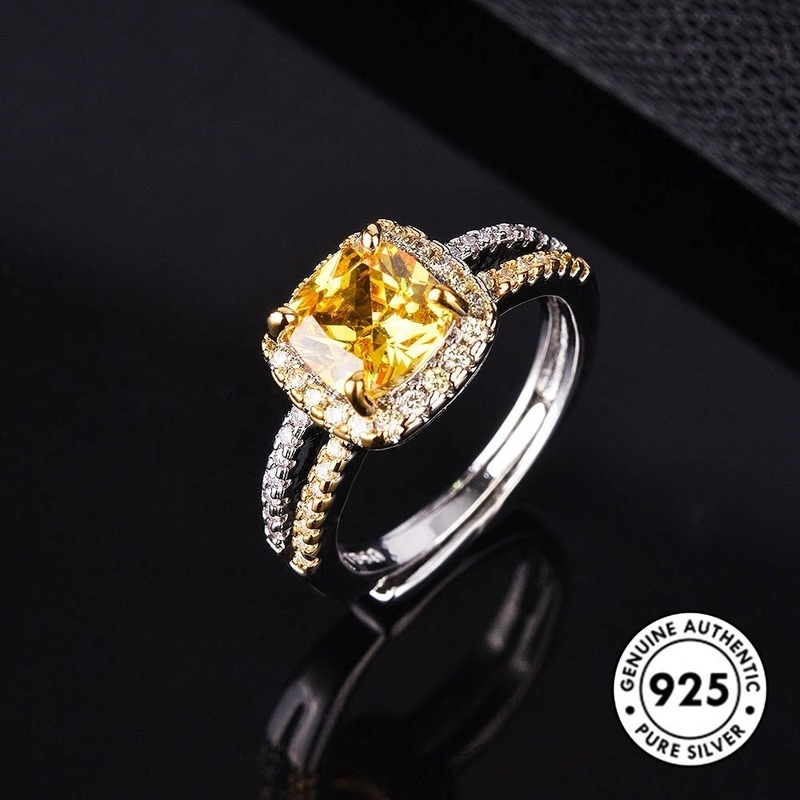 [S925]Fashion Elegant Double-Layer Full Diamond Princess Square Yellow Diamond Open Ring S925 Silver