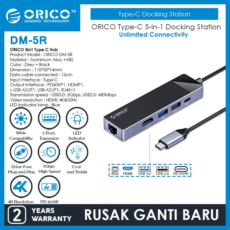 ORICO 5in1 Type C Hub USB 3.0 2.0 RJ45 PD 60W HDMI 4K 30Hz