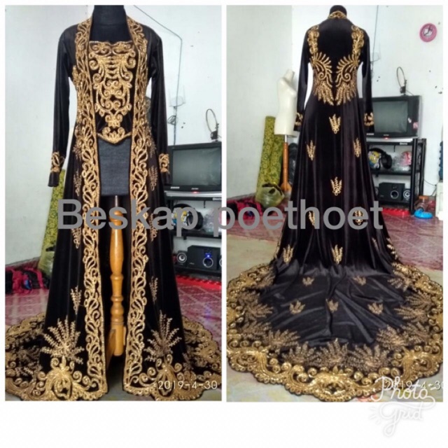 Kebaya Pengantin Wanita Adat Jawa Bludru Hitam Emas Ekor Panjang Full Payet Shopee Indonesia