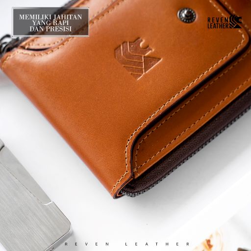 Dompet Pendek Pria Kulit Asli Model Kancing Resleting Dompet Cowok Lipat Keren Kulit Sapi Asli Premium Gerald Wallet Original Reven Bonus Box