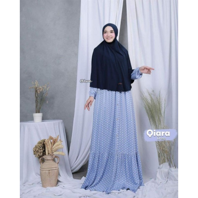 Qiara Dress - Gamis Terbaru Rempel Polkadot Rayon Premium Dress Dress Wanita Lengan Panjang Maxi Dress Klok Kekinian LD 110 cm