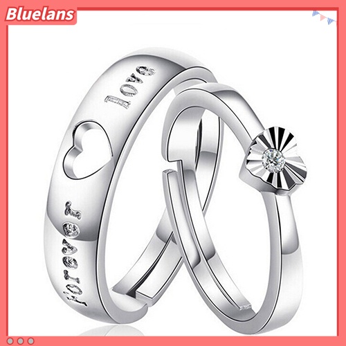 Cincin Adjustable Desain Forever Love Heart Bahan Zircon Lapis Silver Untuk Pasangan