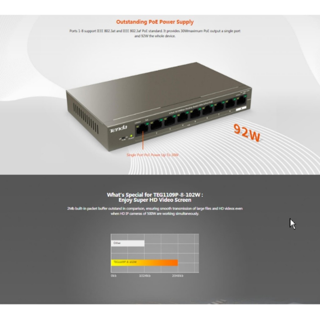 TENDA TEG1109P-8-102W 9 Port ALL GIGABIT Switch CCTV POE 9 PORT