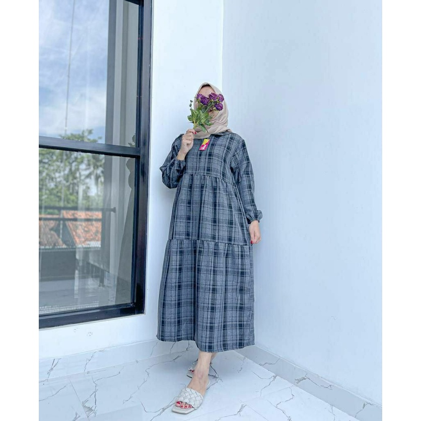 TARTAN MIDI DRESS / MIDI DRESS KATUN MOTIF TARTAN KOTAK KOTAK / MIDI DRESS SEMI WOLL TEBAL / MIDI DR