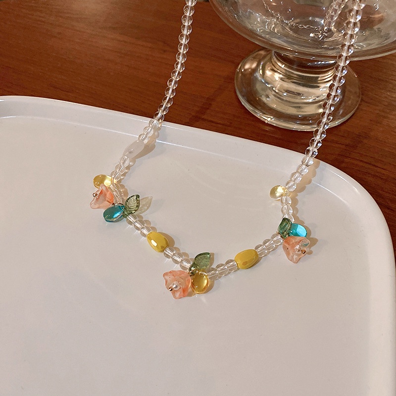 Korea Fashion Lily of The Valley Bunga Mutiara Kalung Manis Warna-Warni Manik-Manik Kristal Kalung Untuk Wanita