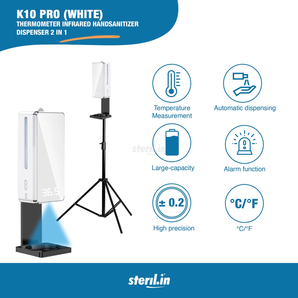K10 PRO (WHITE) THERMOMETER INFRARED HANDSANITIZER DISPENSER 2 IN 1