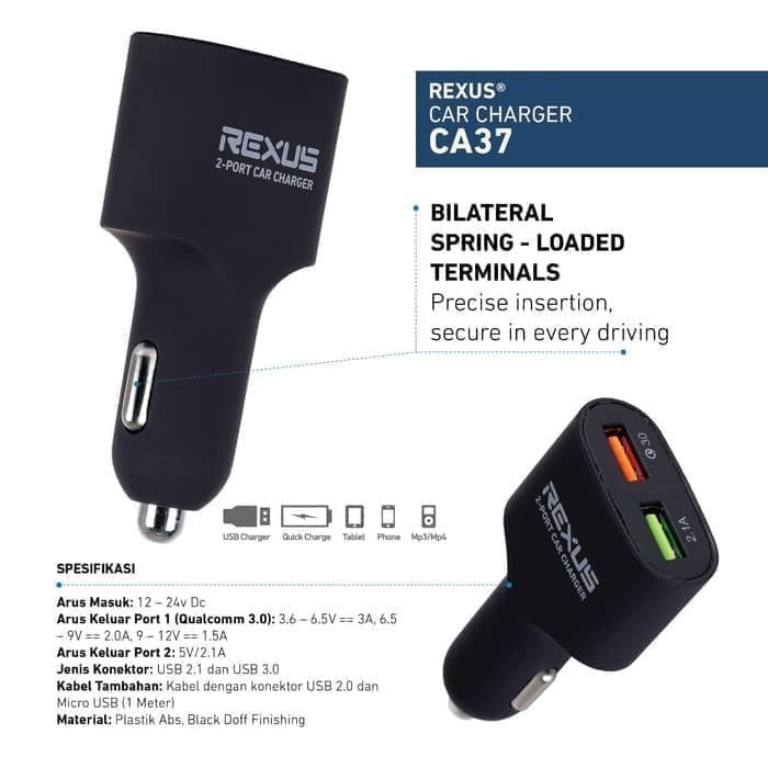 Rexus Car Charger Qualcomm Quick Charge 3.0 CA37 USB 2 Port