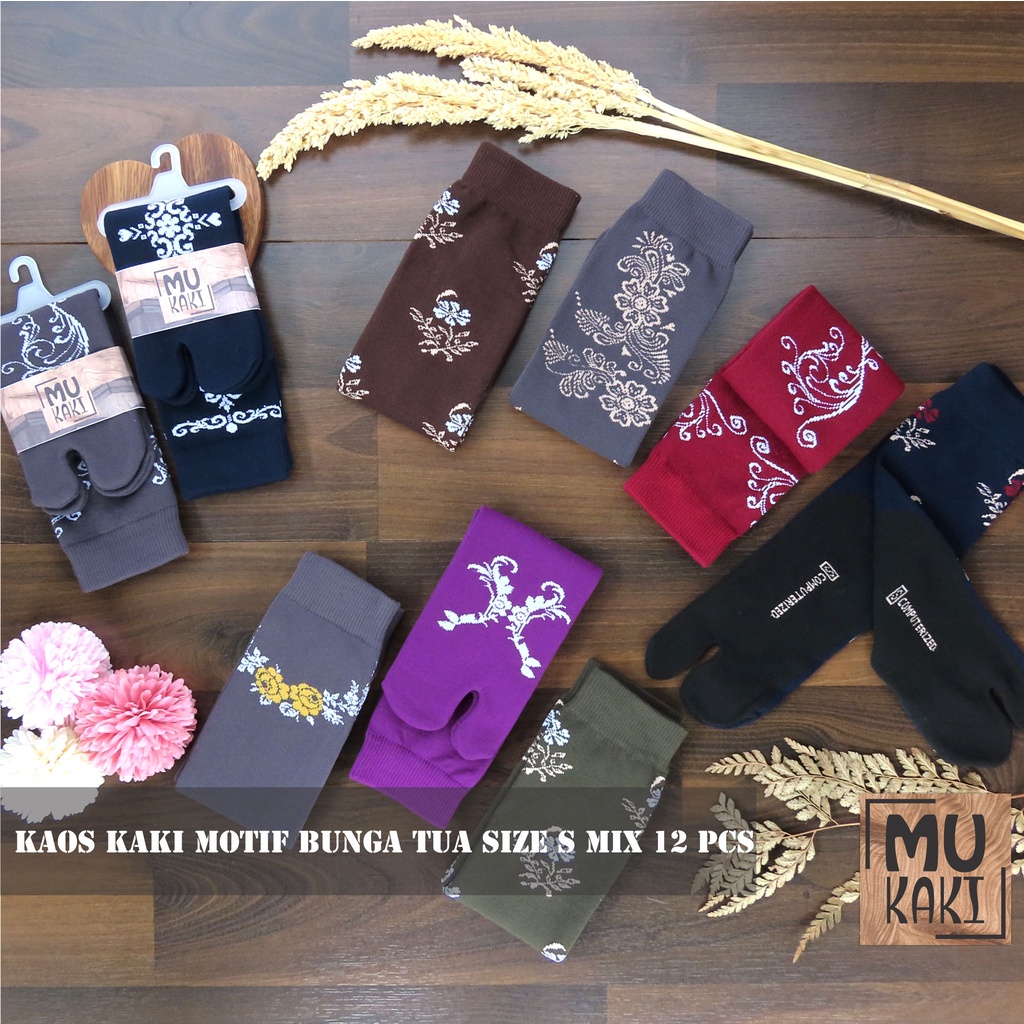 Paket Kaos Kaki Motif Bunga Warna Tua Ukuran S Isi 12 Pasang Murah Mukaki