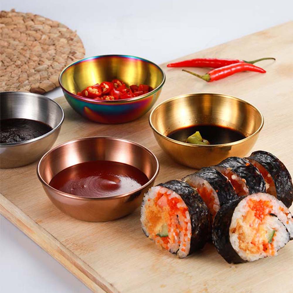 REBUY Durable Sauce Plate 1/4pcs Seasoning Dish Food Snack Dish Tableware Stainless Steel Kitchen Supplies Household Round Multipurpose Small Bowl/Multicolor