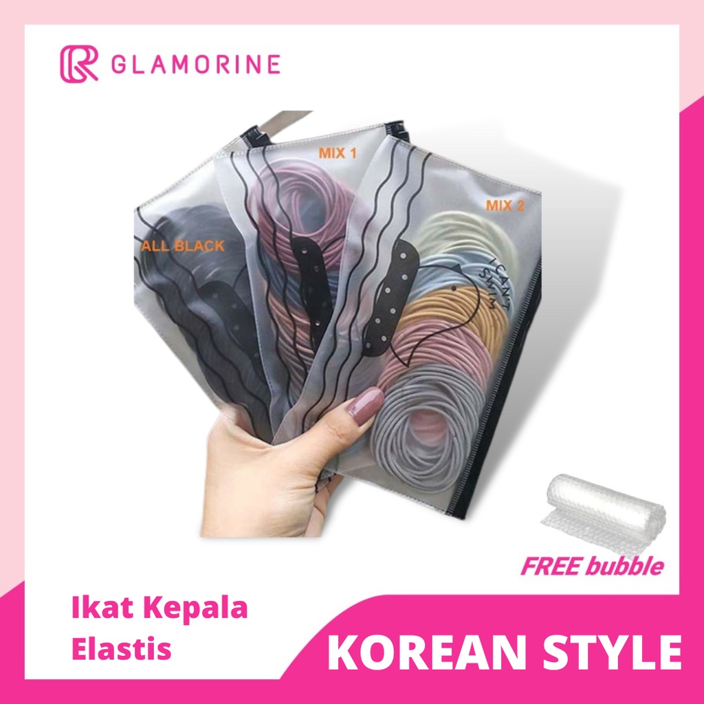 [COD] Ikat Rambut Karet Gelang Hitam Polos Elastis Gaya Korea Untuk Wanita Isi 100Pcs + FREE POUCH