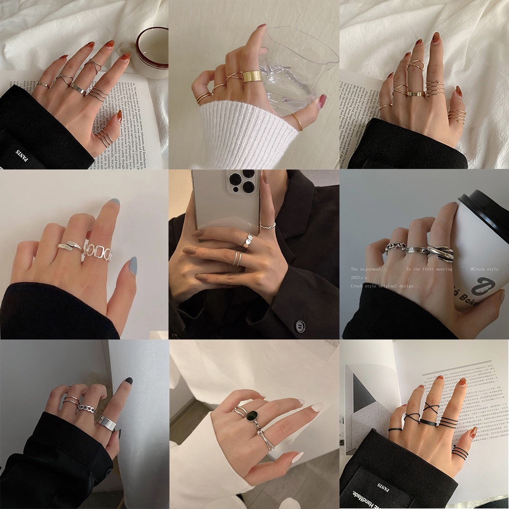 Set Cincin Bentuk Hati Geometris Model Hollow Gaya Korea Untuk Wanita