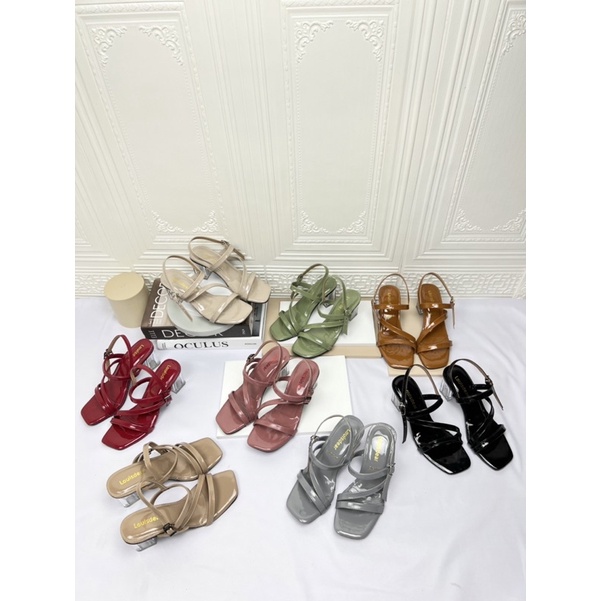 sepatu heel wanita terbaru kekinian pesta LOUISDEAR Sendal kaca heel 7 cm bahan glossy H40