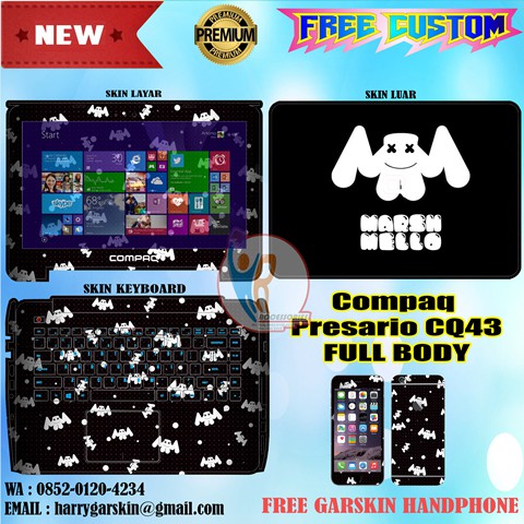 Original Garskin Laptop Full Body Compaq Presario CQ43 -Free Custom Gambar- Marsmello