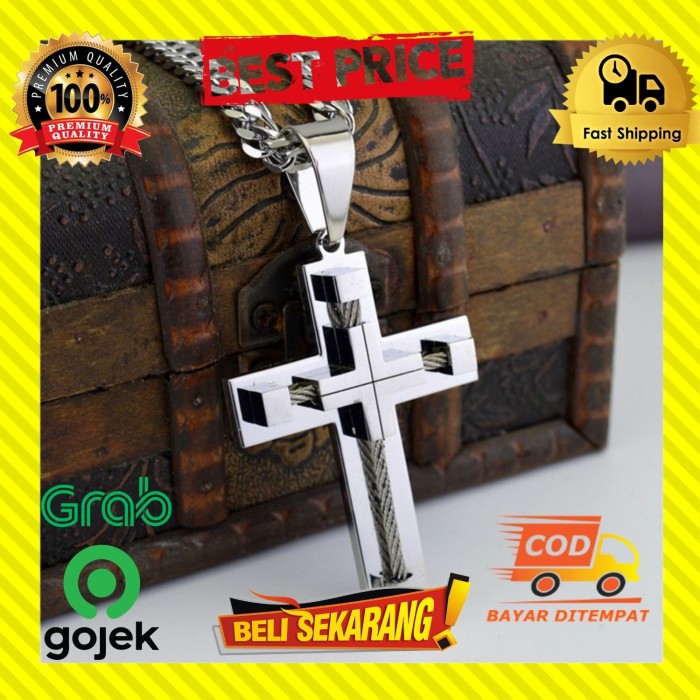 KALUNG RANTAI TITANIUM STAINLESS SALIB 3 LAYER MEWAH PRIA WANITA K56