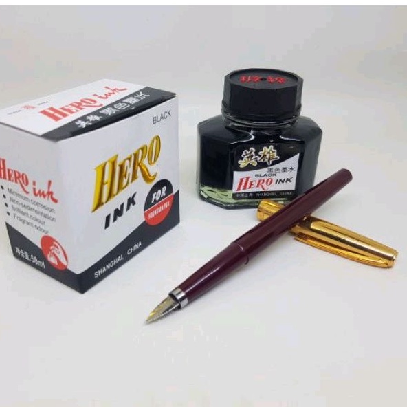 

Paket Siap Pakai..Fountain Pen Hover Maroon Nib Fine 0,3mm / Broad Kaligrafi 2mm + Tinta Hero Ink Black 50ML.Pen. Pulpen. Pena