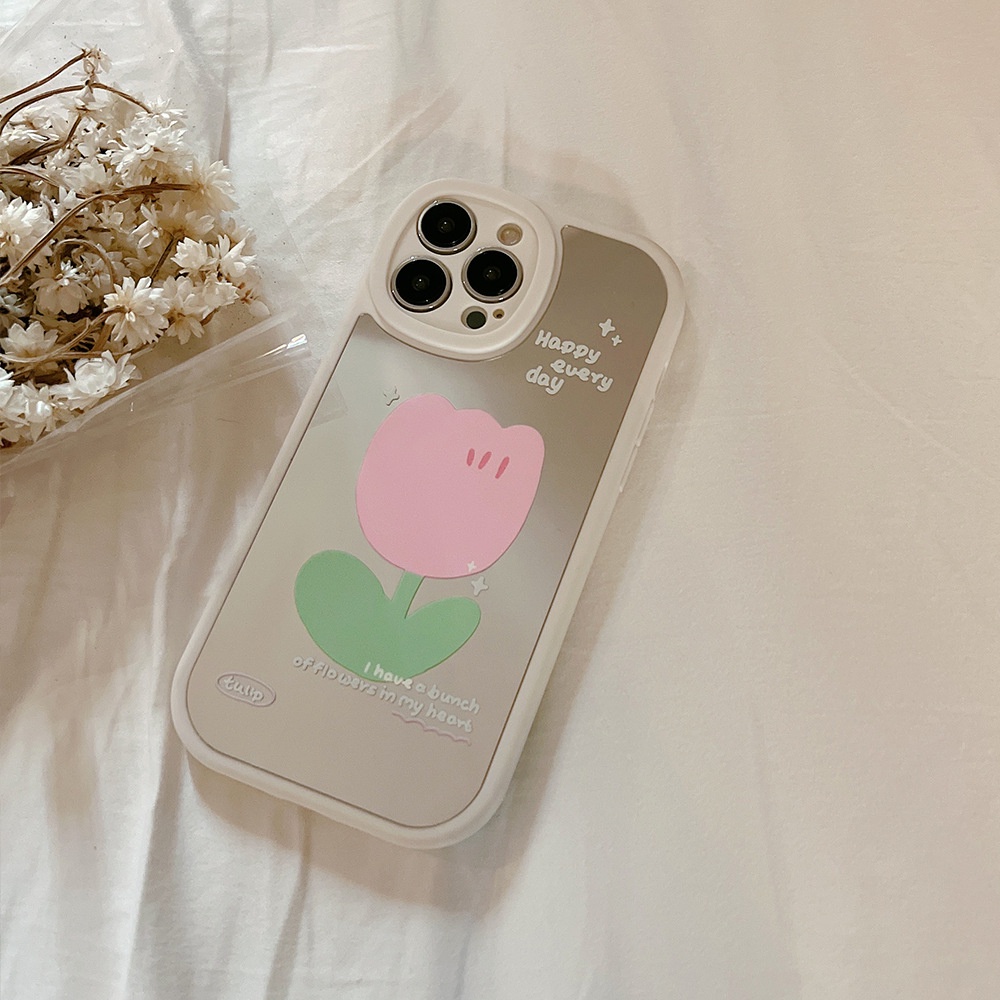 Case Pelindung Motif Bunga Pink Dengan Cermin Makeup Untuk Iphone 11 8 7 Plus SE2 XS XR 12 13 Mini PRO MAX