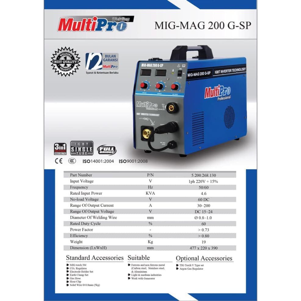 MULTIPRO MIG MAG 200 G-SP Mesin Las CO Flux Core Tanpa Gas CO2 MAG Gasless 120T