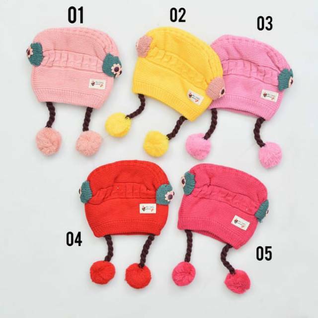 LKm027 TOPI RAJUT KEPANG DUA POMPOM / KUPLUK BAYI KEPANG-2
