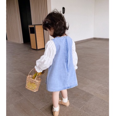 DRESS ANAK CEWEK BAHAN DENIM PITA SILANG TERUSAN JEANS PITA PUTIH