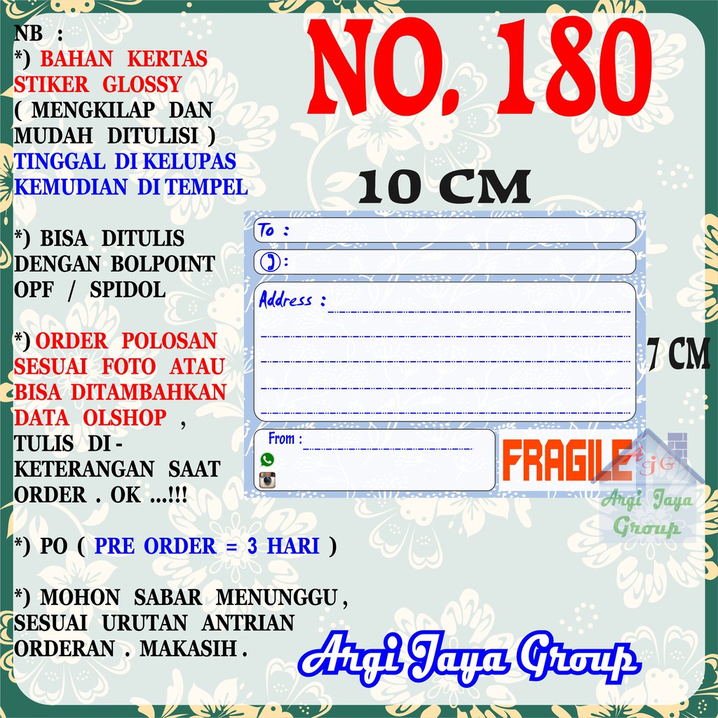 

Stiker Pengiriman - Sticker Alamat Olshop Murah Nomer 180 - 10x7 cm - Glossy