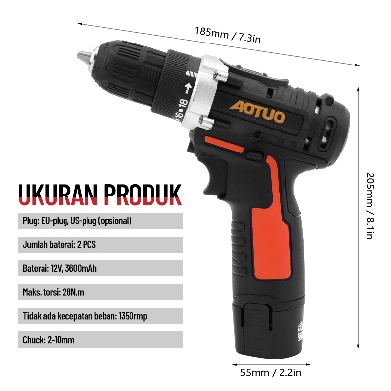 12V Bor Mesin Elektrik Drill 10mm Set Reversible Mesin Bor Tangan Listrik