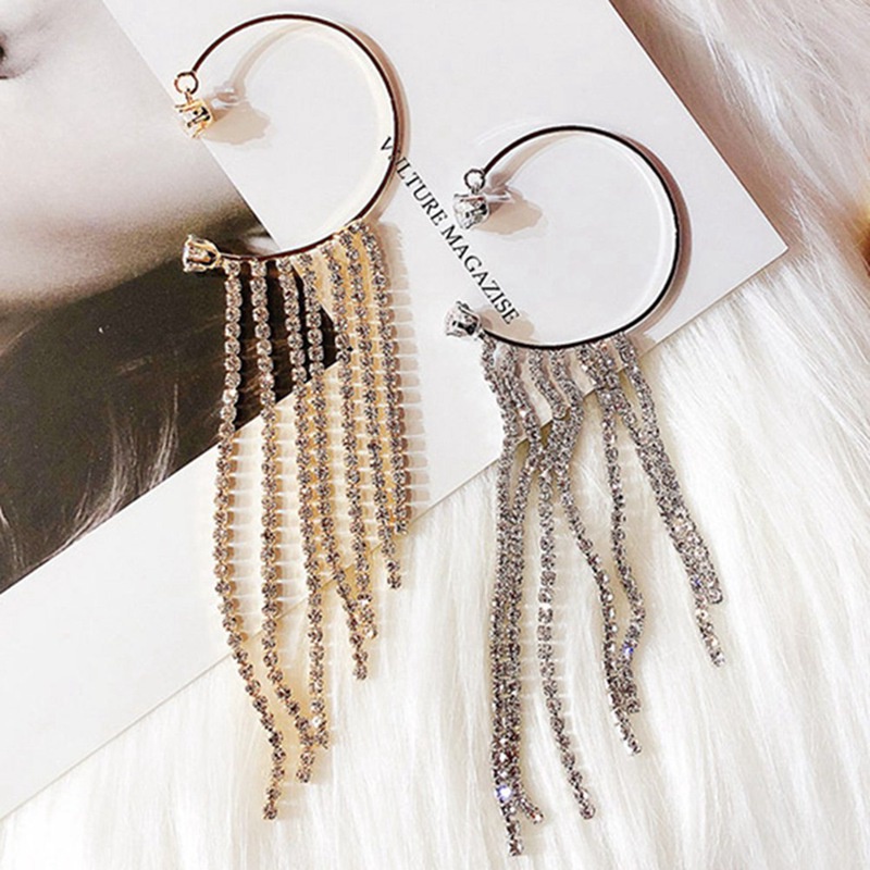 Fancyqube Anting Klip On Tanpa Tindik Desain Rumbai Hias Kristal Berlian Imitasi Untuk Wanita