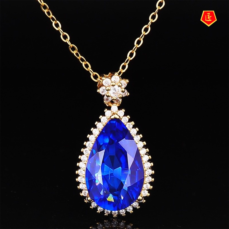 [Ready Stock]Elegant Pear-Shaped Colored Gems Pendant Gold Necklace