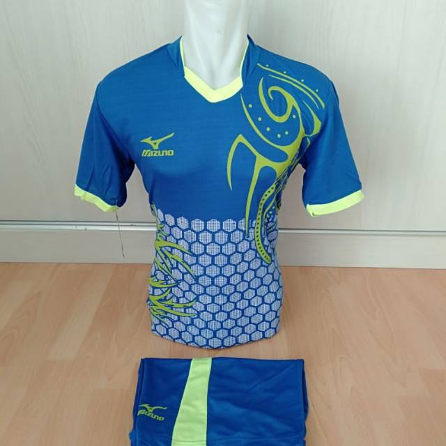 setelan olahraga kaos sepak bola jersey futsal baju volly mizuno batik biru stabilo