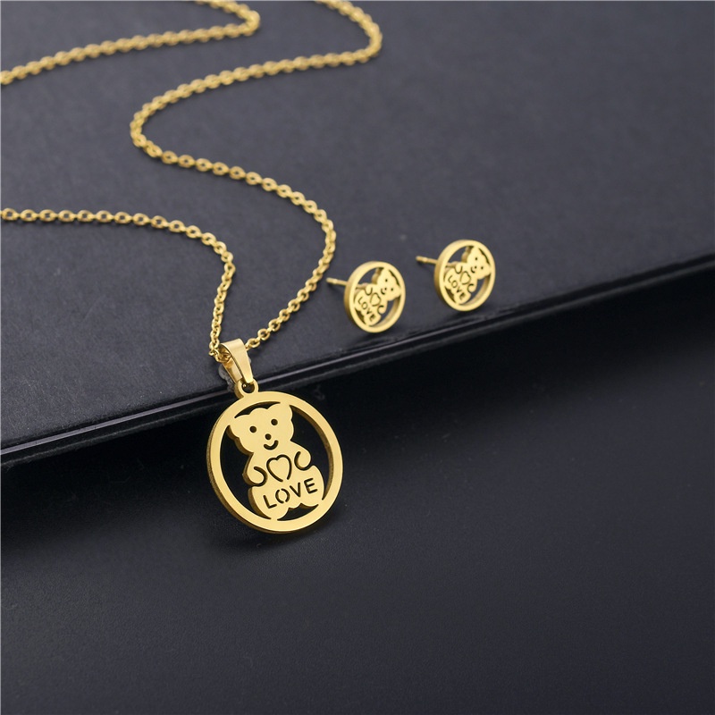 Enxi Jewelry Set Kalung Antting Titanium Anti Karat Wanita Liontin beruang Perhiasan Aksesoris 1228S04