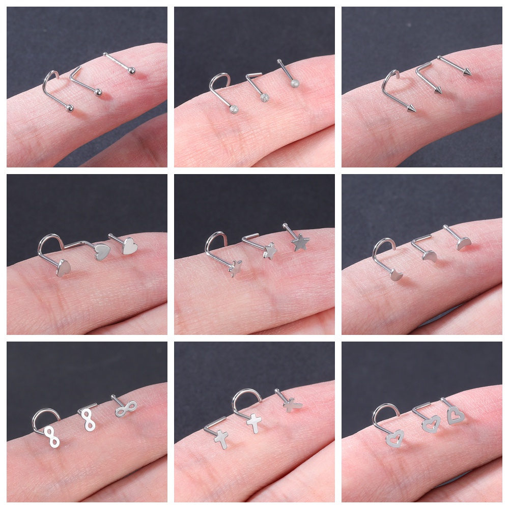 4pcs / Lot Anting Tindik Hidung Bentuk L Motif Hati / Bunga Bahan Stainless Steel 20g