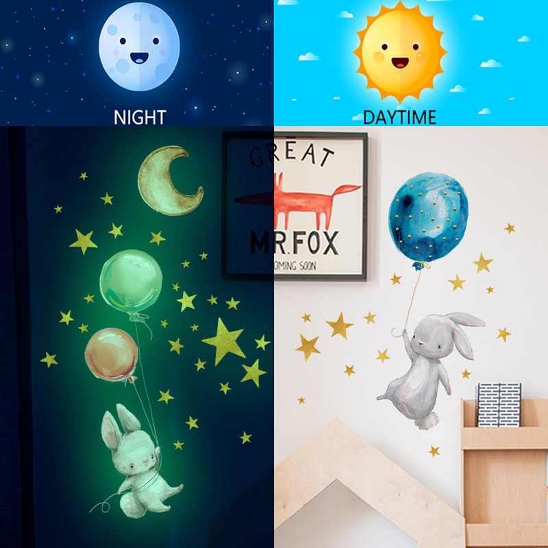 Stiker Dinding Desain Kartun Kelinci Balon Bintang Luminous Tahan Air Dapat Dilepas Untuk Dekorasi Kamar Anak