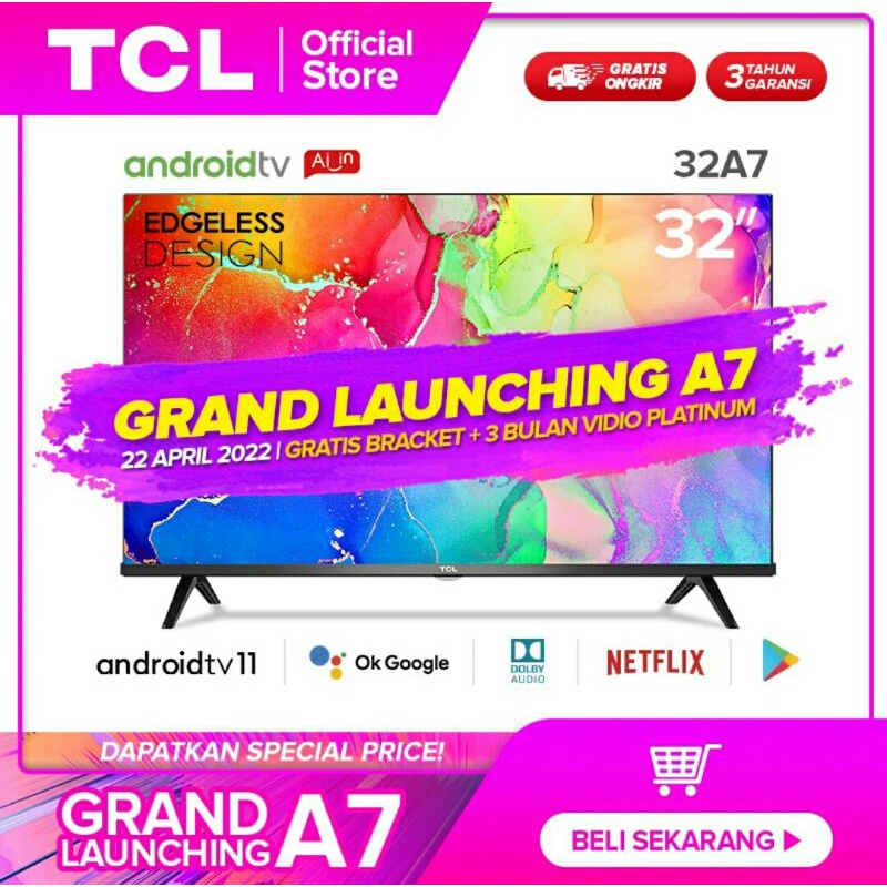 TCL 32INCH Android 11.0 TV - Smart HD LED TV - WIFi - Google Voice - AI - Dolby Sound (32A7)