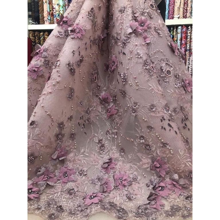 Jangkrik Textile - Tulle Payet Motif Bunga 3D - Purple